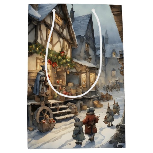 Sacola Para Presentes Média Aldeia de Natal com Aquarela (Frente)