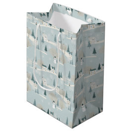 Sacola Para Presentes Média Aldeia de Natal Minimalista Azul Nevado
