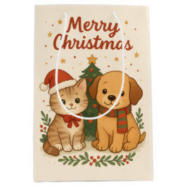 Sacola Para Presentes Média Alegria de Natal de Cachorrinho e Gatito