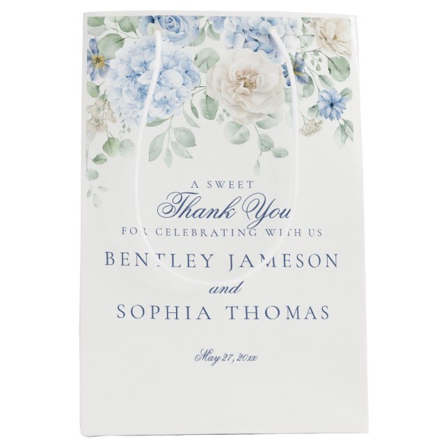 Sacola Para Presentes Média Algo Azul Floral Hydrangea Favor de Casamento (Frente)
