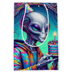 Sacola Para Presentes Média Alienígena segurando Bolo de Aniversário