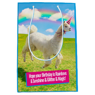 Sacola Para Presentes Média Alpaca Unicorn Sob O Rainbow Sky