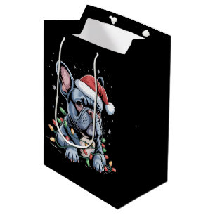 Sacola Para Presentes Média Amante de Bulldog Francês Frenchie Chapéu de Natal