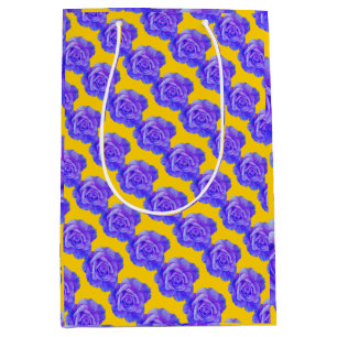 Sacola Para Presentes Média Amarelo Azul Naval Padrões Florais Flores Rosas