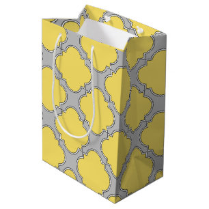 Sacola Para Presentes Média Amarelo quatrefoil e cinza