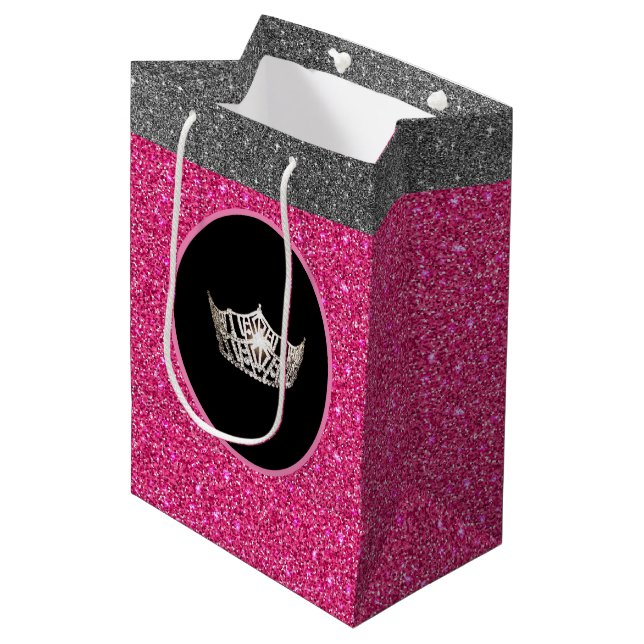 Sacola Para Presentes Média América Silver Crown Pink FX GlitterGift Bag (Frente inclinada)