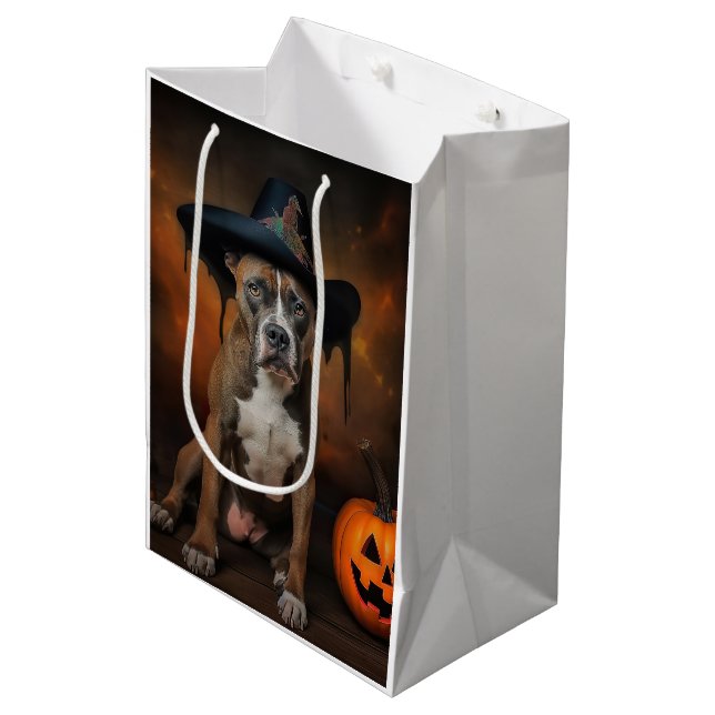 Sacola Para Presentes Média American Staffordshire Pumpkins Halloween Scary (Frente inclinada)