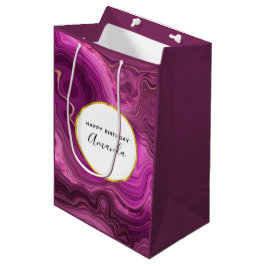 Sacola Para Presentes Média Ametista Roxo E Ágato-Abstrato Dourado Aniversário