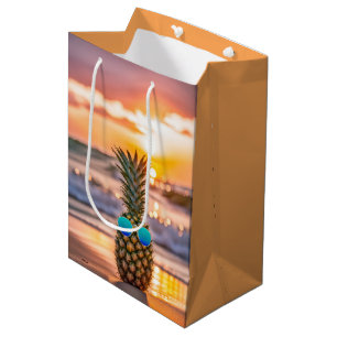 Sacola Para Presentes Média Ananás De Aniversário Com Óculos De Sol Na Praia