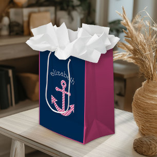Sacola Para Presentes Média Âncora cor-de-rosa bonito das bolinhas com nome d