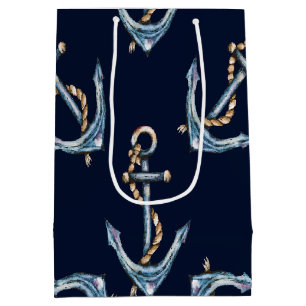 Sacola Para Presentes Média Âncoras em Aquarela Azul Marinho