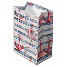 Sacola Para Presentes Média Âncoras Florais Listras Azul Vermelho Praia Aniver