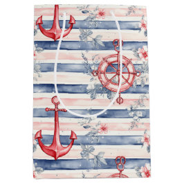 Sacola Para Presentes Média Âncoras Florais Listras Azul Vermelho Praia Aniver
