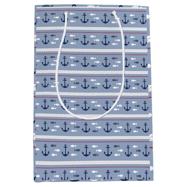Sacola Para Presentes Média Âncoras náuticas azuis e brancas (Frente)