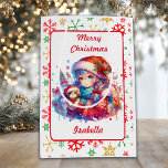 Sacola Para Presentes Média Anime Girl in Santa Hat Watercolor Christmas<br><div class="desc">Garota de anime de aquarela em Papai Noel com um saco de presentes de Natal personalizado. Na parte de trás estão bonito flocos de neve vermelhos,  dourados e verdes.</div>
