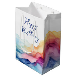 Sacola Para Presentes Média Aniversário Aquarela Ondas Arco-Íris