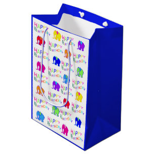 Sacola Para Presentes Média Aniversário azul e branco dos elefantes dos