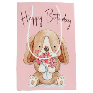 Sacola Para Presentes Média Aniversário Cachorro Pupado com Flores