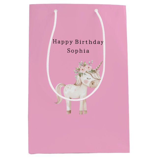 Sacola Para Presentes Média Aniversário com Flores Rosa de Unicórnio (Frente)