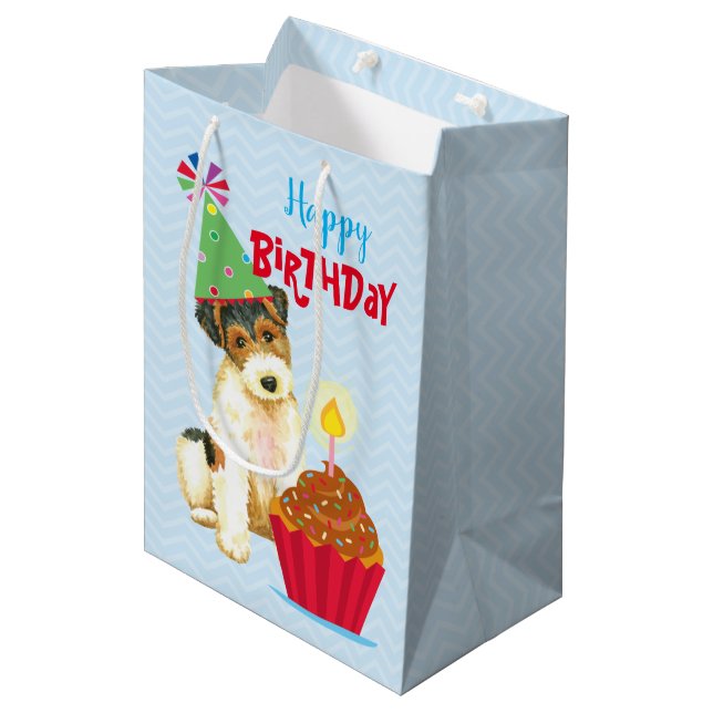 Sacola Para Presentes Média Aniversário Cupcake Fio Fox Terrier (Frente inclinada)