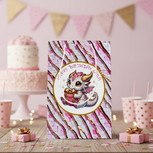 Sacola Para Presentes Média Aniversário da Menina de Dragão Dourado e Rosa