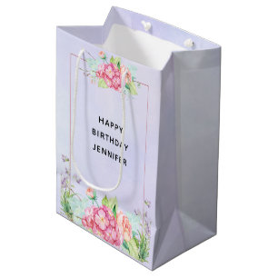 Sacola Para Presentes Média Aniversário da Moldura Floral de Cor de Água Rosa