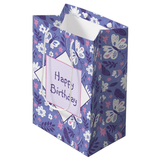 Sacola Para Presentes Média Aniversário das Flores e Borboletas (Frente inclinada)