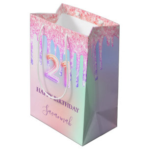Sacola Para Presentes Média aniversário de 21 anos cor-de-rosa púrpura gotas g