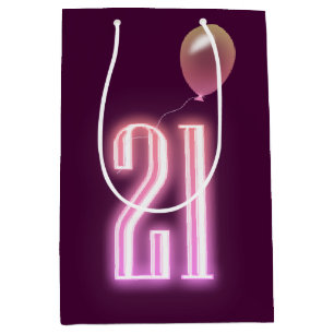 Sacola Para Presentes Média aniversário de 21 anos Neon Sinal e Balão