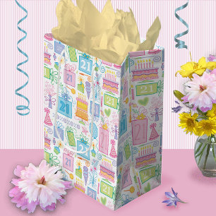 Sacola Para Presentes Média aniversário de 21 anos Pastel Pink Cake Apresenta
