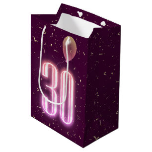 Sacola Para Presentes Média aniversário de 30 anos Neon Sinal e Confetti