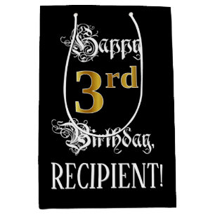 Sacola Para Presentes Média aniversário de 3 anos ~ Rico Script; Faux Dourada