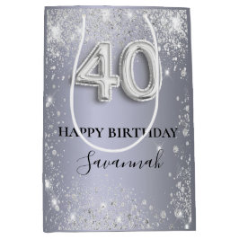 Sacola Para Presentes Média aniversário de 40 anos prata glitter name