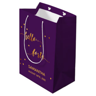 Sacola Para Presentes Média aniversário de 40 anos roxo olá de ouro 40 script 