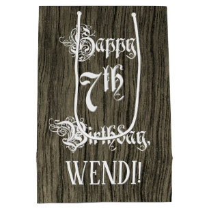 Sacola Para Presentes Média Aniversário de 7: Rico, Faux Wood Look + Nome Per