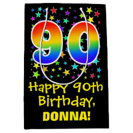 Sacola Para Presentes Média Aniversário de 90: Padrão de Estrelas Coloridas e 