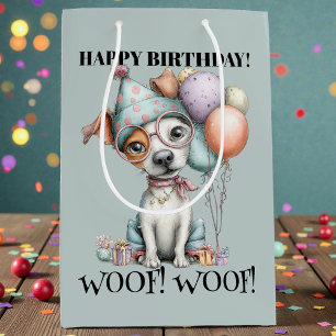 Sacola Para Presentes Média Aniversário de Cachorro Caprichoso em Aquarela