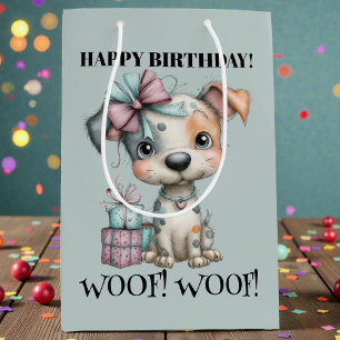 Sacola Para Presentes Média Aniversário de Cachorro Caprichoso em Aquarela