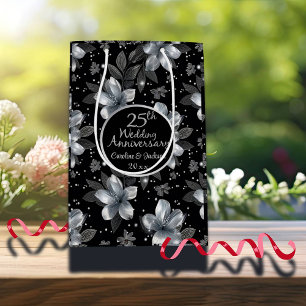 Sacola Para Presentes Média Aniversário de Casamento Floral do 25 Silver Glitt