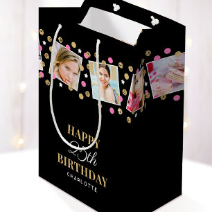 Sacola Para Presentes Média Aniversário de Confetti Nome Personalizado Colagem