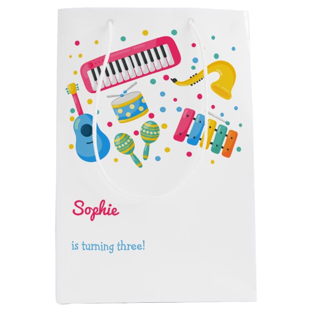 Sacola Para Presentes Média Aniversário de criança de instrumentos musicais (Frente)