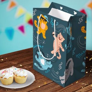 Sacola Para Presentes Média Aniversário de criança de Padrão de Gatos Musicais