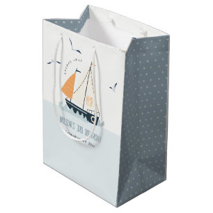 Sacola Para Presentes Média Aniversário de criança de Pastel Azul-Marinho Azul