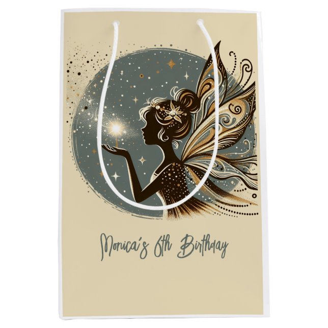 Sacola Para Presentes Média Aniversário de criança de silhueta de fada mágica (Frente)