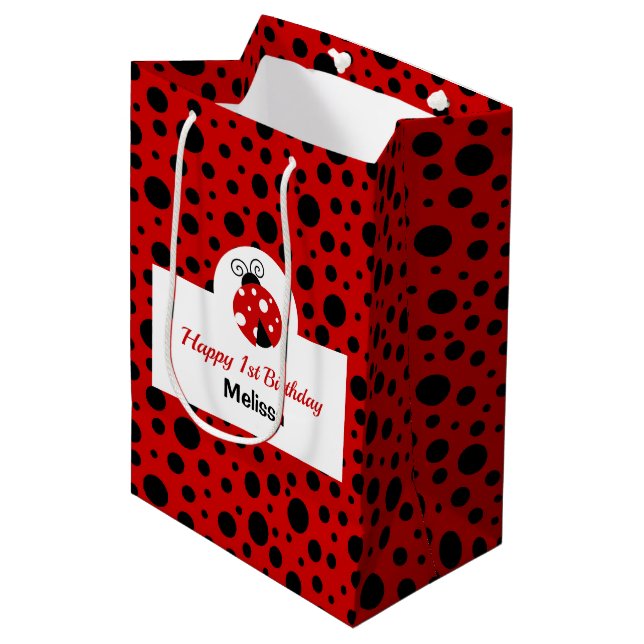Sacola Para Presentes Média Aniversário de criança Ladybug Red Black Bolinhas (Frente inclinada)