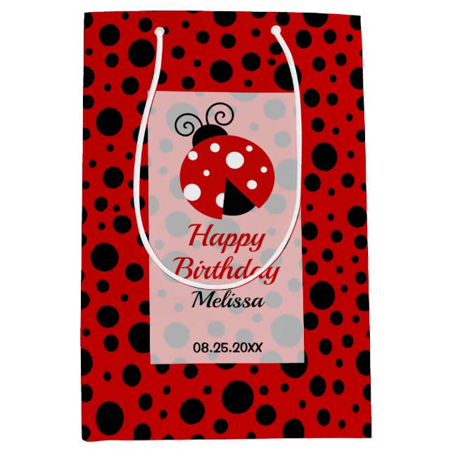 Sacola Para Presentes Média Aniversário de criança Ladybug Red Black Frame Bol (Frente)