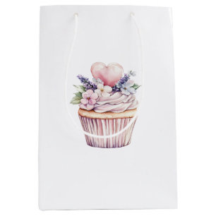 Sacola Para Presentes Média Aniversário de Cupcake Floral Coração Rosa Roxo Fe