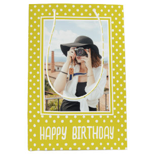Sacola Para Presentes Média Aniversário de Foto Personalizada de Bolinhas Amar