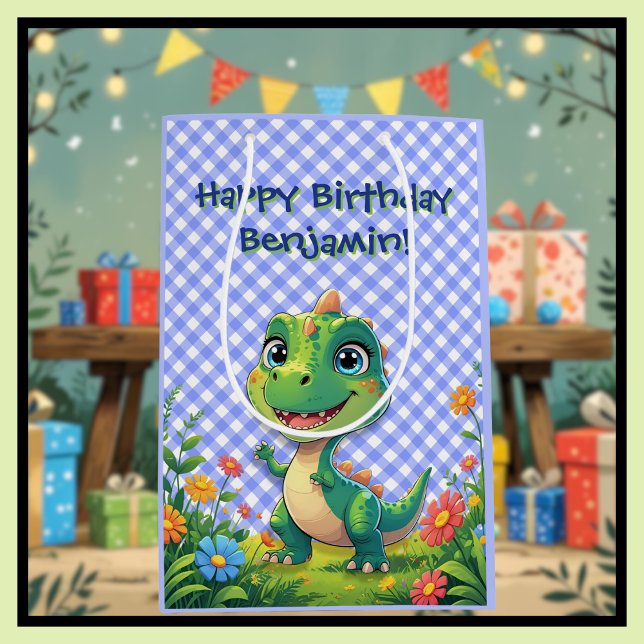 Sacola Para Presentes Média Aniversário de Gingham Azul Verde Dinossauro (Criador carregado)