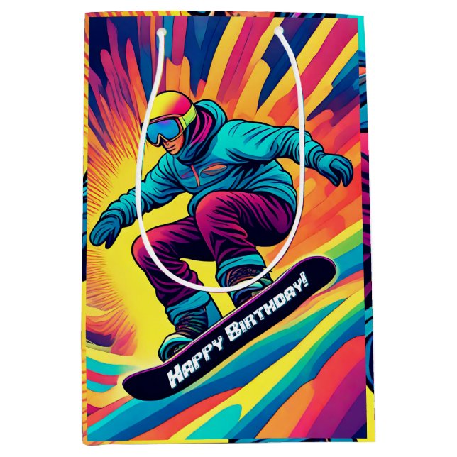 Sacola Para Presentes Média Aniversário de inverno do legal Teen Snowboarder (Frente)